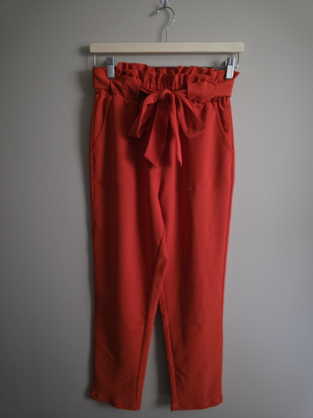 Paper Bag Waist Cropped Pants with Tie - Red